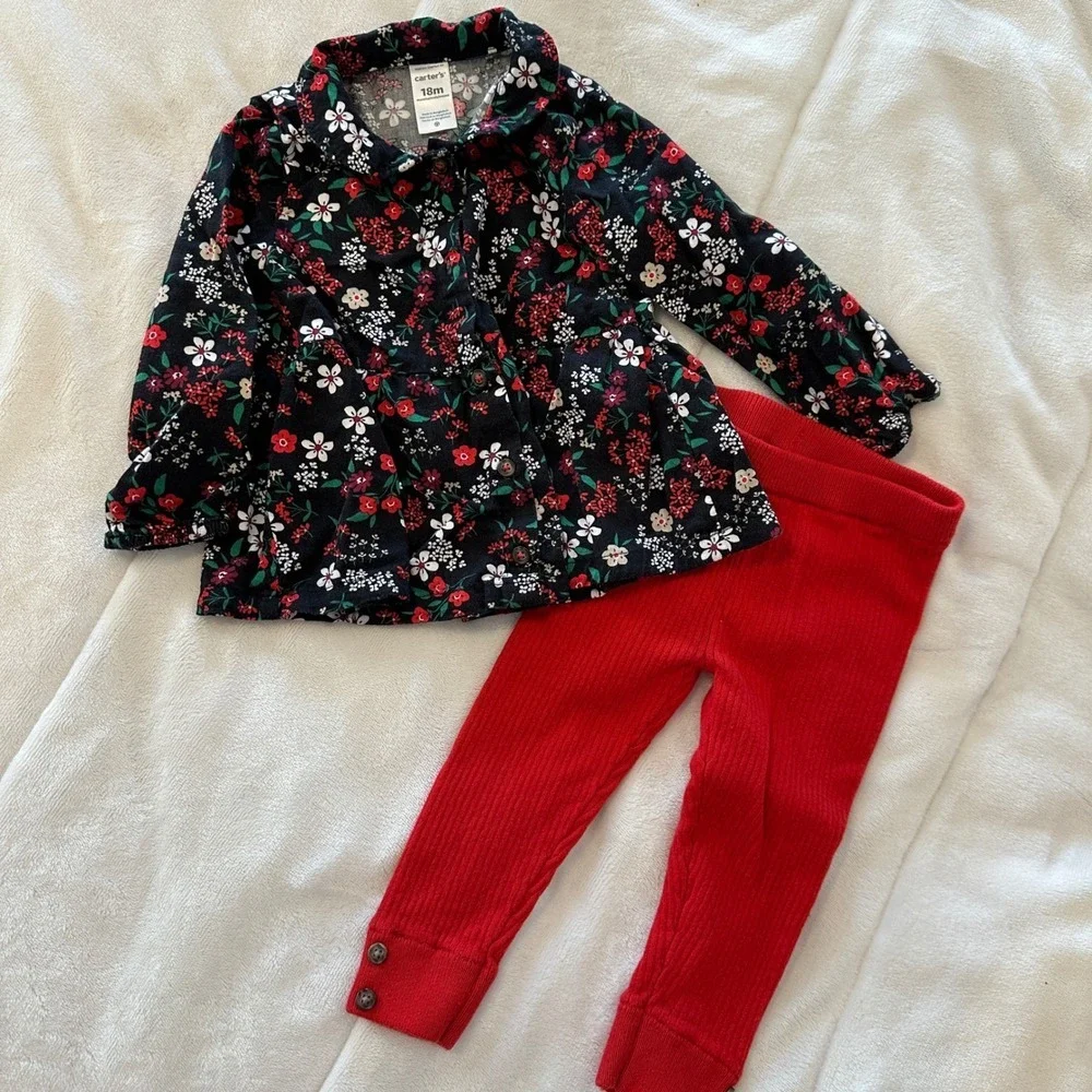 Carter's 18m Floral Print Button Front Shirt & Red Ribbed Leggings Set Baby Girl